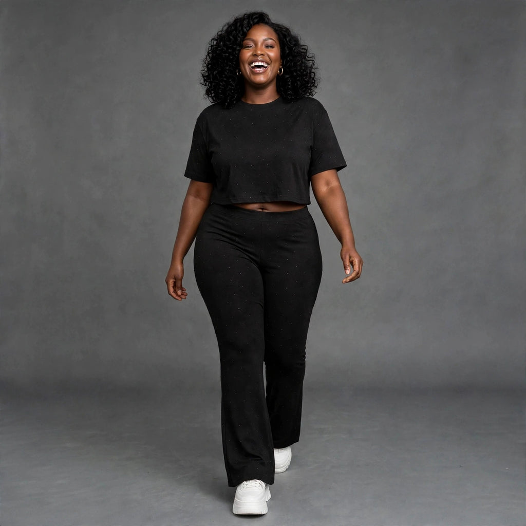 Glitter Lounge Set - Crop Top Tee and Flared Pants