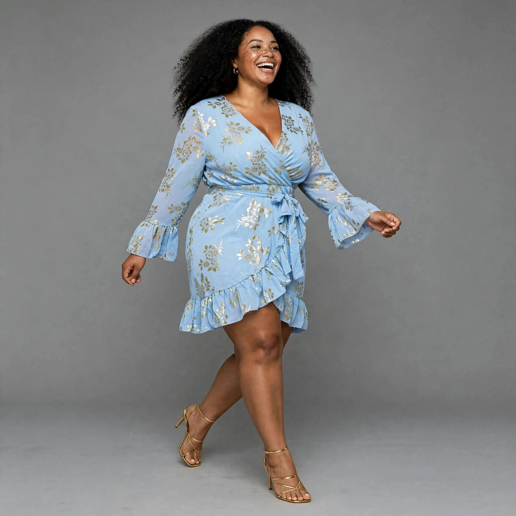 Powder Blue Floral Wrap Dress With Gold Foil - Long Sleeve Ruffle Mini Dress