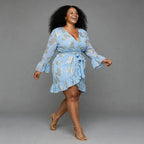 Powder Blue Floral Wrap Dress With Gold Foil - Long Sleeve Ruffle Mini Dress
