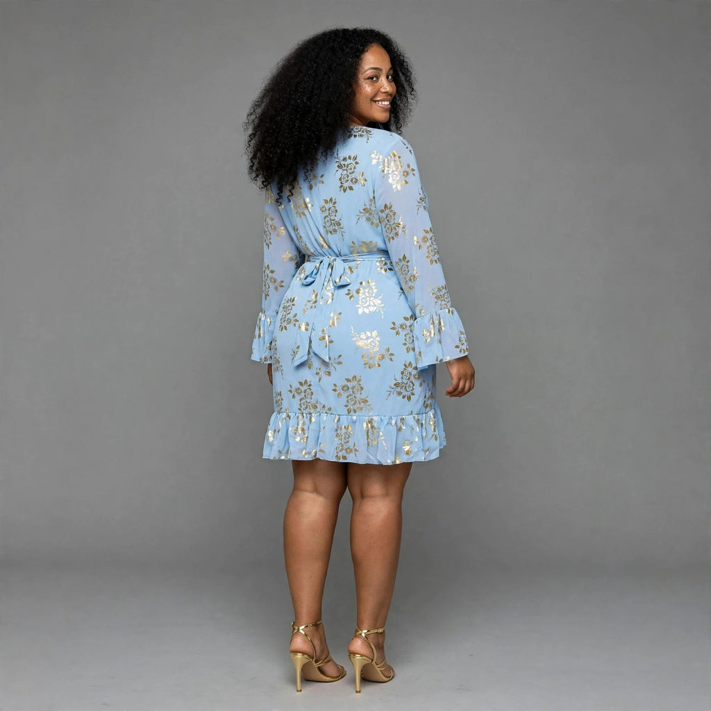 Powder Blue Floral Wrap Dress With Gold Foil - Long Sleeve Ruffle Mini Dress