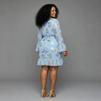 Powder Blue Floral Wrap Dress With Gold Foil - Long Sleeve Ruffle Mini Dress