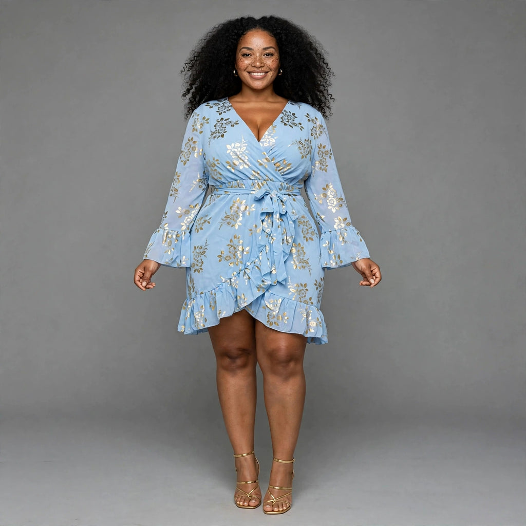 Powder Blue Floral Wrap Dress With Gold Foil - Long Sleeve Ruffle Mini Dress