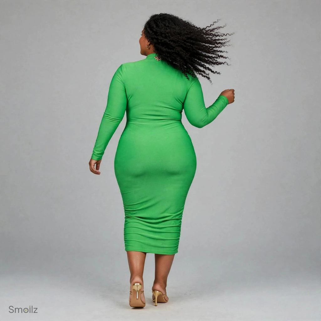 Plus size emerald green long sleeve ruched bodycon midi dress with gold brooch detail - spring wedding guest dress South Africa Small street - Smollz