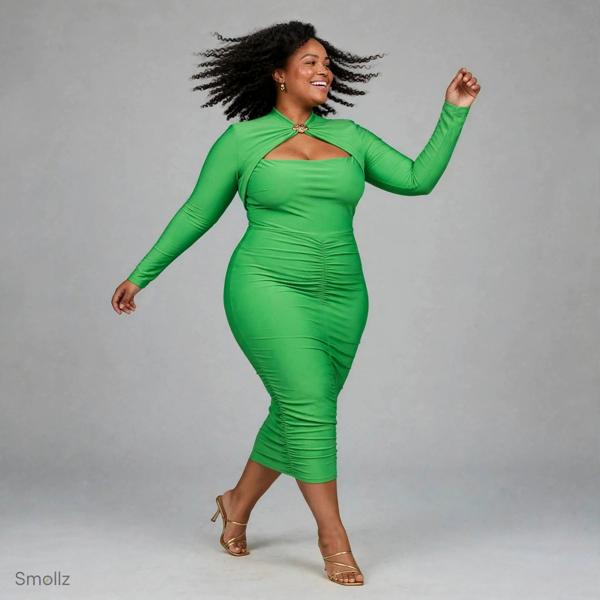 Plus size emerald green long sleeve ruched bodycon midi dress with gold brooch detail - spring wedding guest dress South Africa Small street - Smollz