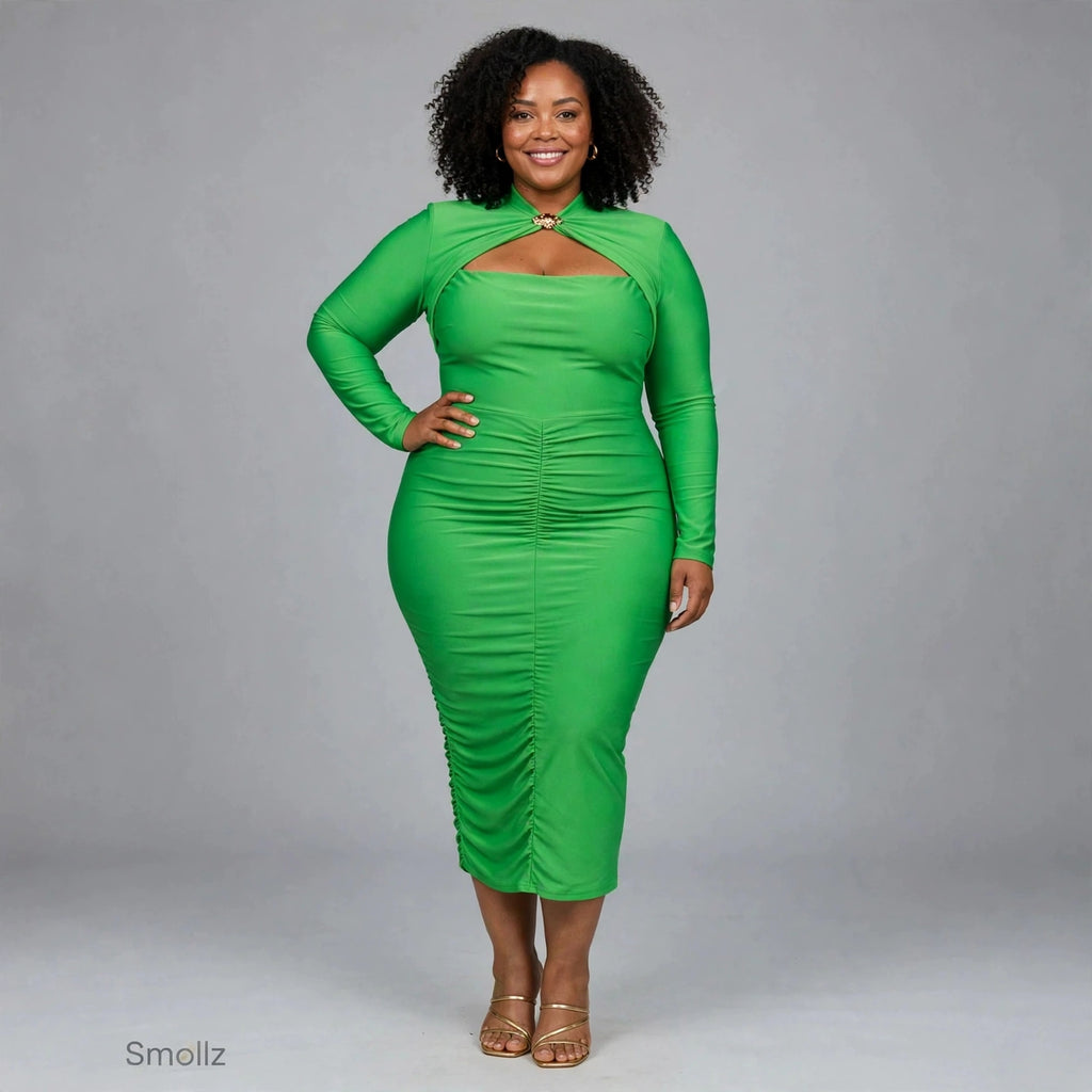 Plus size emerald green long sleeve ruched bodycon midi dress with gold brooch detail - spring wedding guest dress South Africa Small street - Smollz