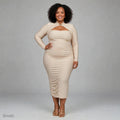 Beige Ruched Bodycon Dress - Long Sleeve