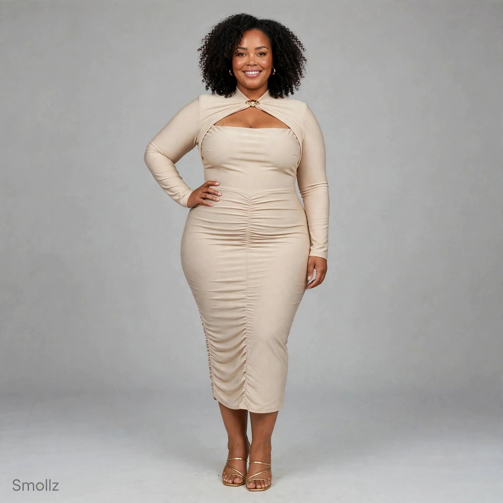 Emerald Green Ruched Bodycon Dress With Gold Brooch - Long Sleeve