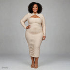 Emerald Green Ruched Bodycon Dress With Gold Brooch - Long Sleeve