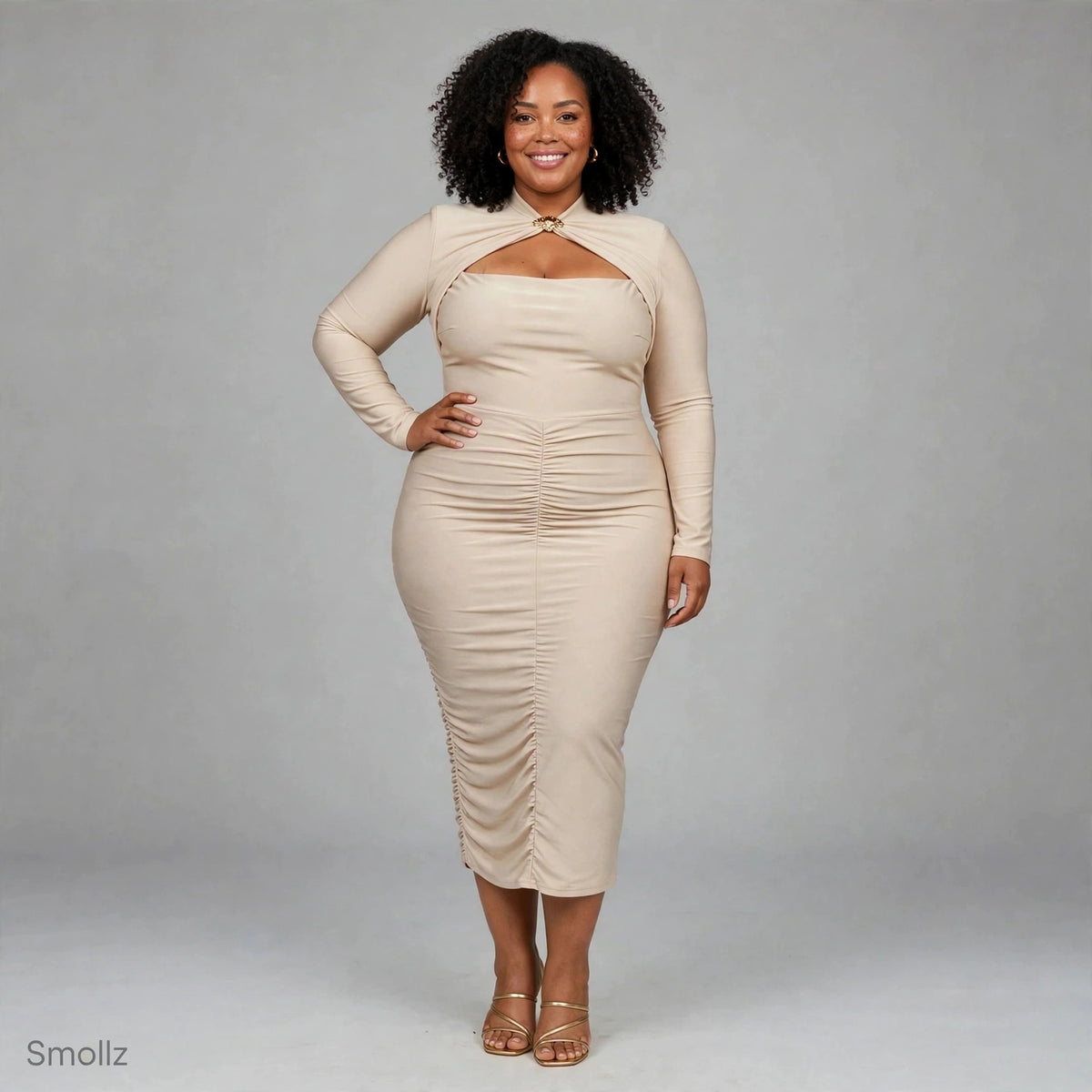 Emerald Green Ruched Bodycon Dress With Gold Brooch - Long Sleeve