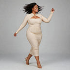 Beige Ruched Bodycon Dress - Long Sleeve