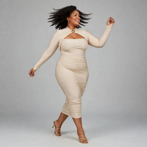 Beige Ruched Bodycon Dress - Long Sleeve