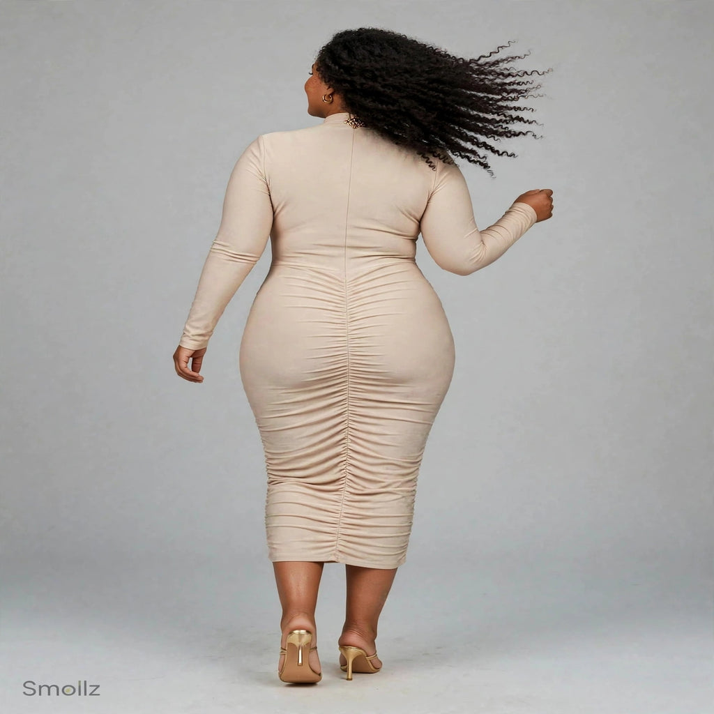 Beige Ruched Bodycon Dress - Long Sleeve