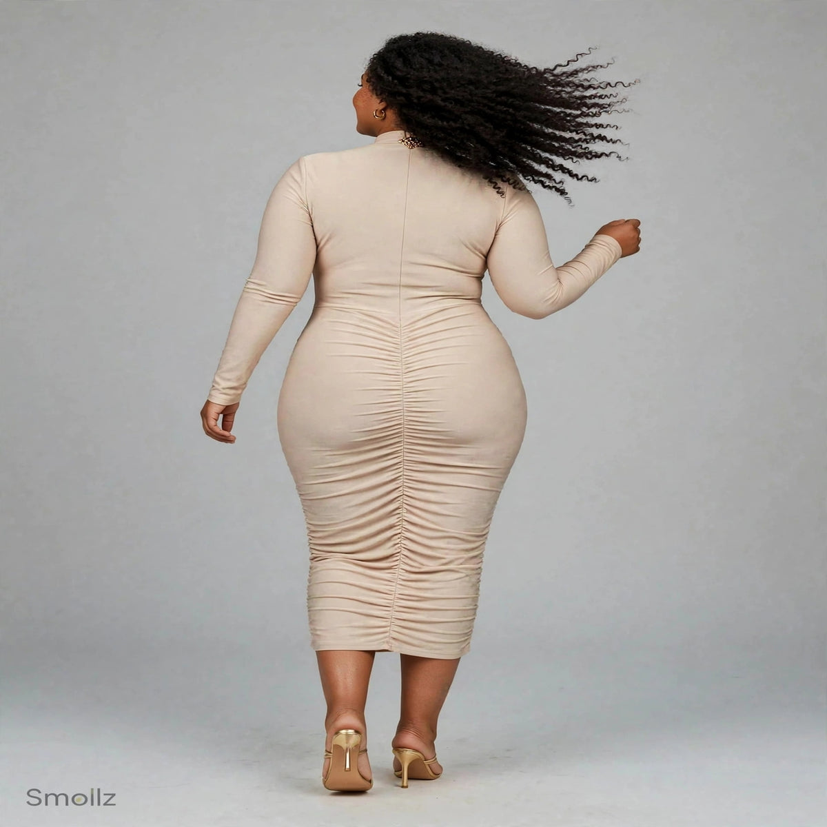 Beige Ruched Bodycon Dress - Long Sleeve