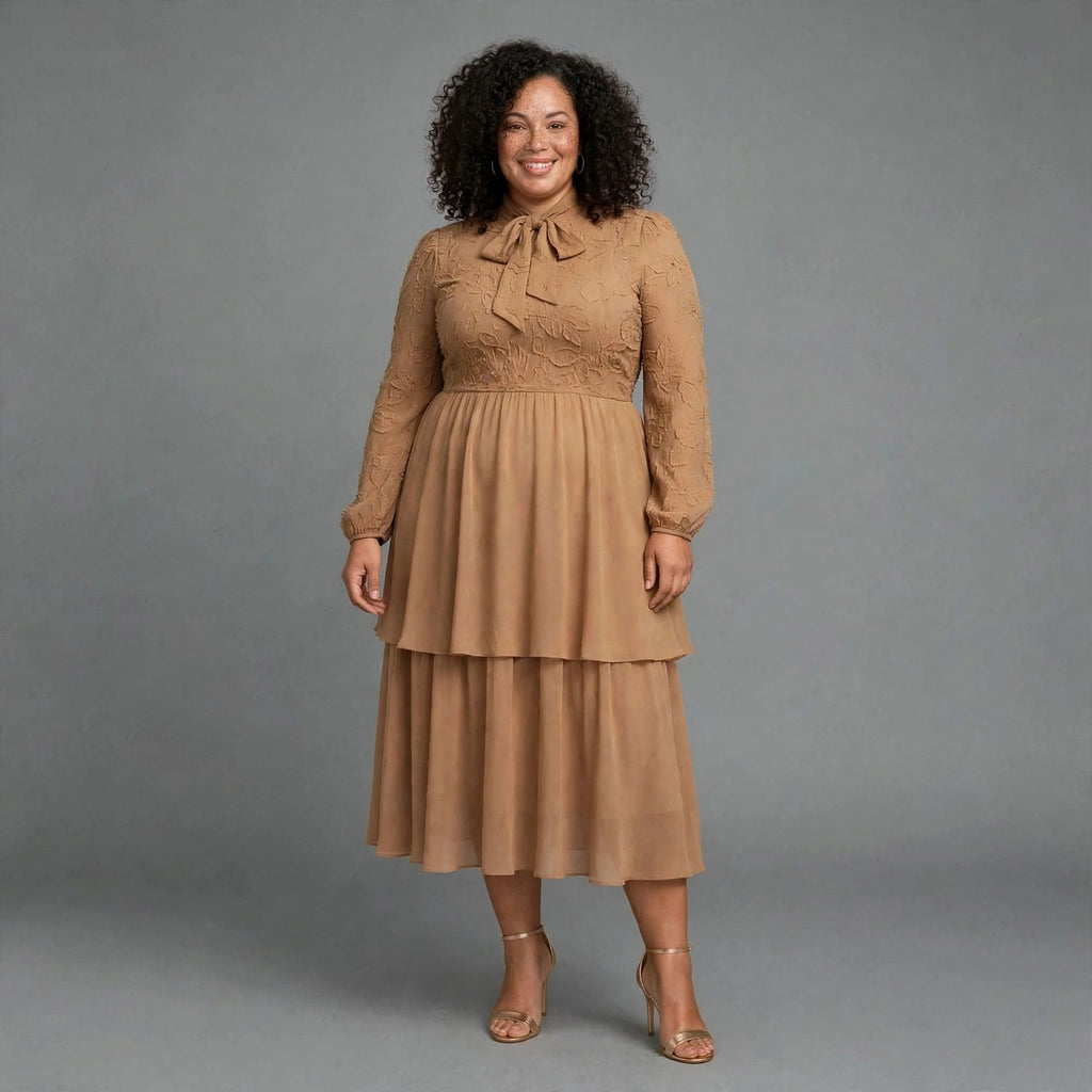 Plus size Beige Nude bow tie tiered chiffon midi dress with long sheer sleeves - church wedding guest dress SA - Smollz