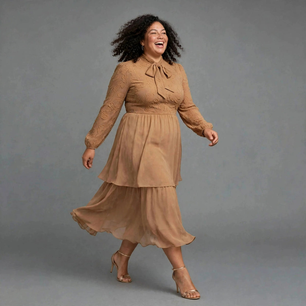 Plus size beige nude bow tie tiered chiffon midi dress with long sheer sleeves - church wedding guest dress SA - Smollz