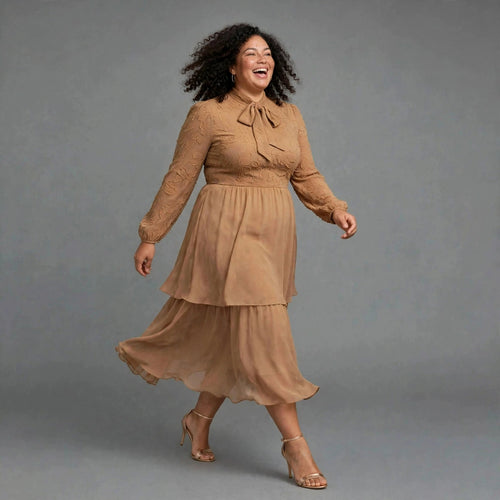 Plus size beige nude bow tie tiered chiffon midi dress with long sheer sleeves - church wedding guest dress SA - Smollz