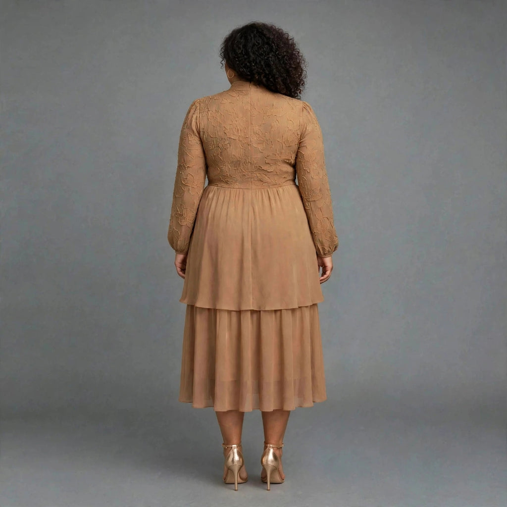 Plus size beige nude bow tie tiered chiffon midi dress with long sheer sleeves - church wedding guest dress SA - Smollz