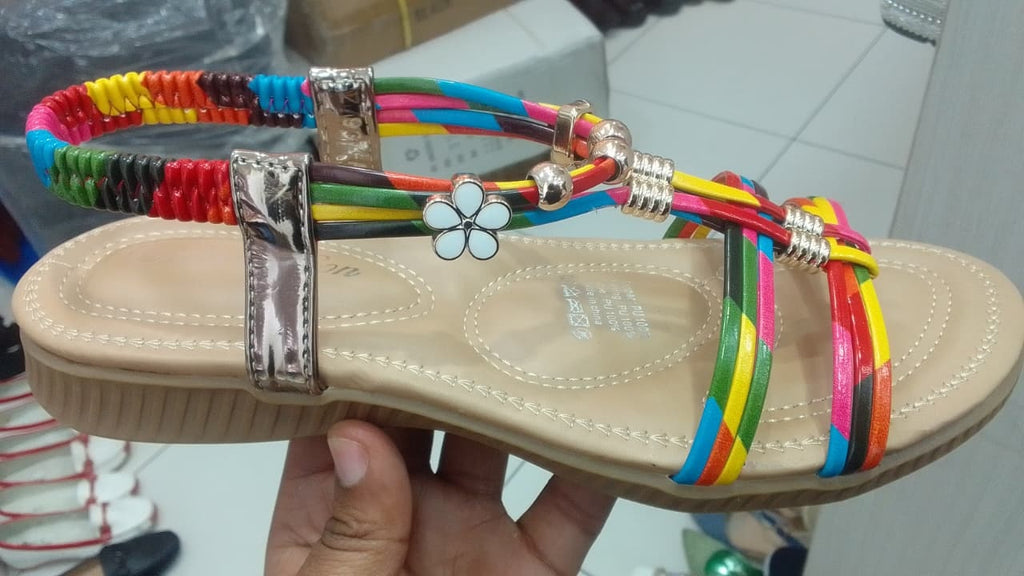 Rainbow Boho T-Strap Sandals - Multicolor Summer Sandals for Women