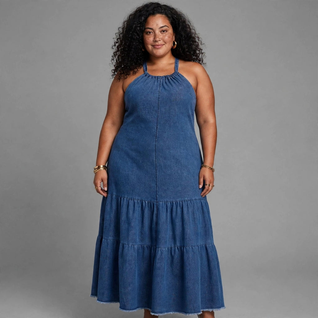 Plus size blue denim halter tiered maxi dress - everyday denim dress SA - Smollz