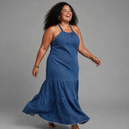 Plus size blue denim halter tiered maxi dress - everyday denim dress SA - Smollz