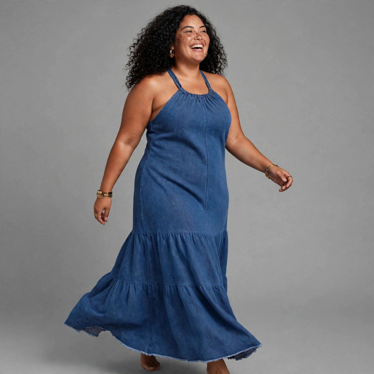 Plus size blue denim halter tiered maxi dress - everyday denim dress SA - Smollz