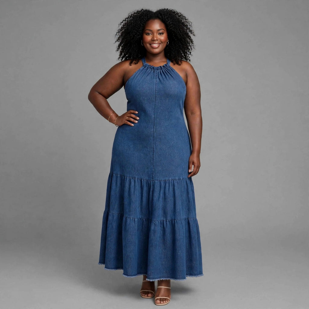 Plus size blue denim halter tiered maxi dress - everyday denim dress SA - Smollz