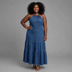 Plus size blue denim halter tiered maxi dress - everyday denim dress SA - Smollz
