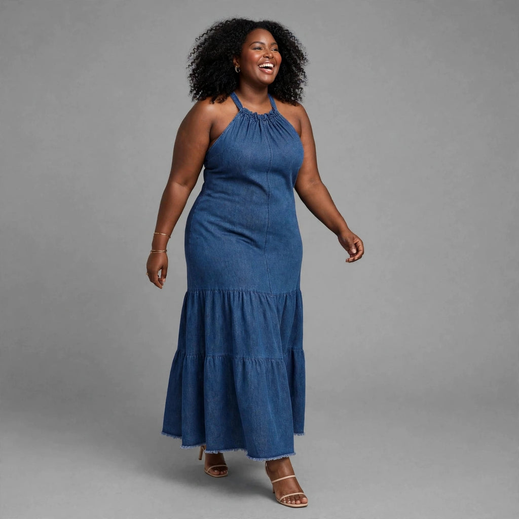 Blue Denim Halter Maxi Dress - Tiered Denim Dress | Smollz South Africa