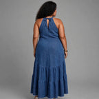 Plus size blue denim halter tiered maxi dress - everyday denim dress SA - Smollz