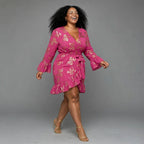 Plus size fuchsia pink/dark pink floral wrap dress with gold foil print and long ruffle bell sleeves - birthday party dress South Africa - Smollz