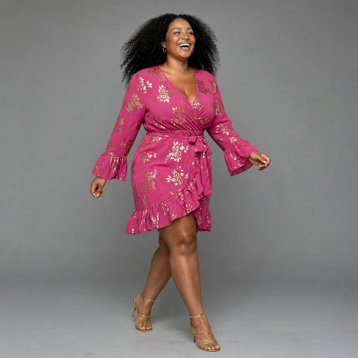 Plus size fuchsia pink/dark pink floral wrap dress with gold foil print and long ruffle bell sleeves - birthday party dress South Africa - Smollz