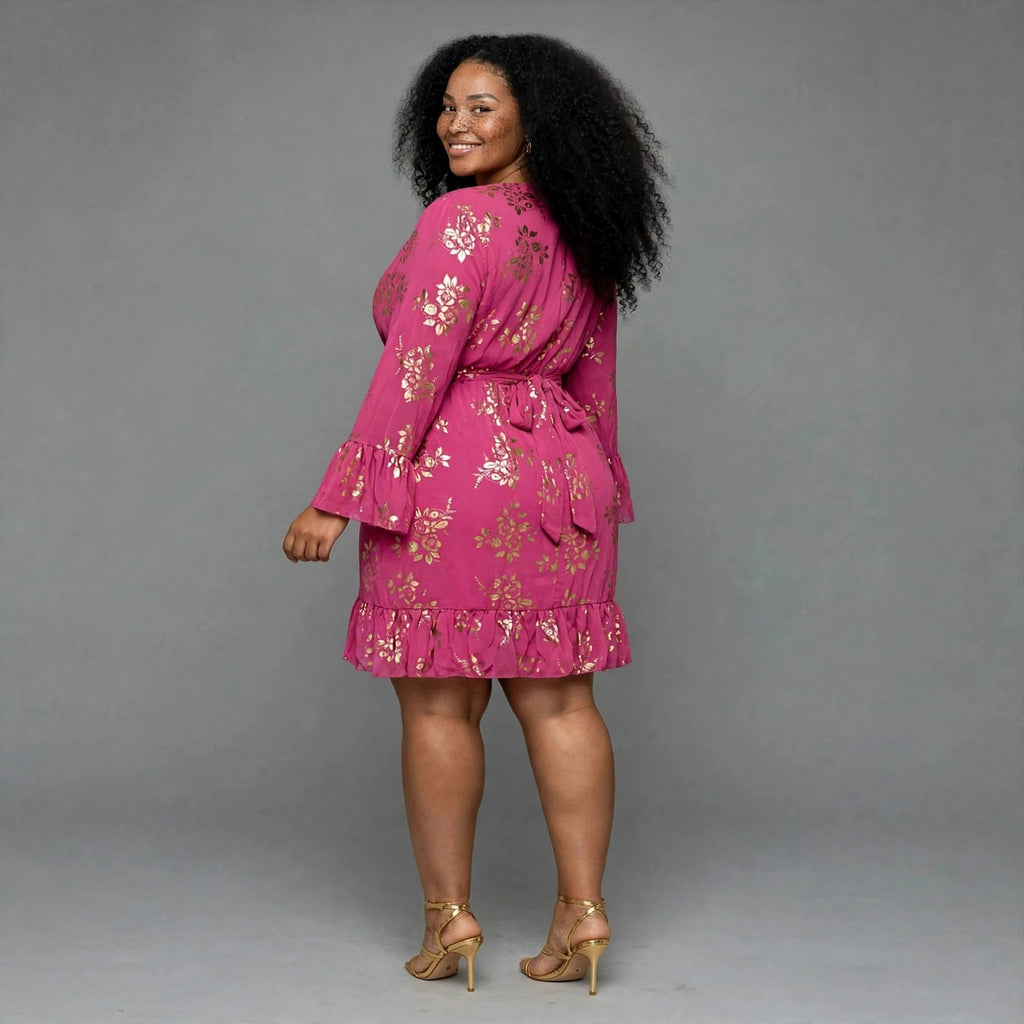 Plus size fuchsia pink floral/dark pink wrap dress with gold foil print and long ruffle bell sleeves - birthday party dress South Africa - Smollz