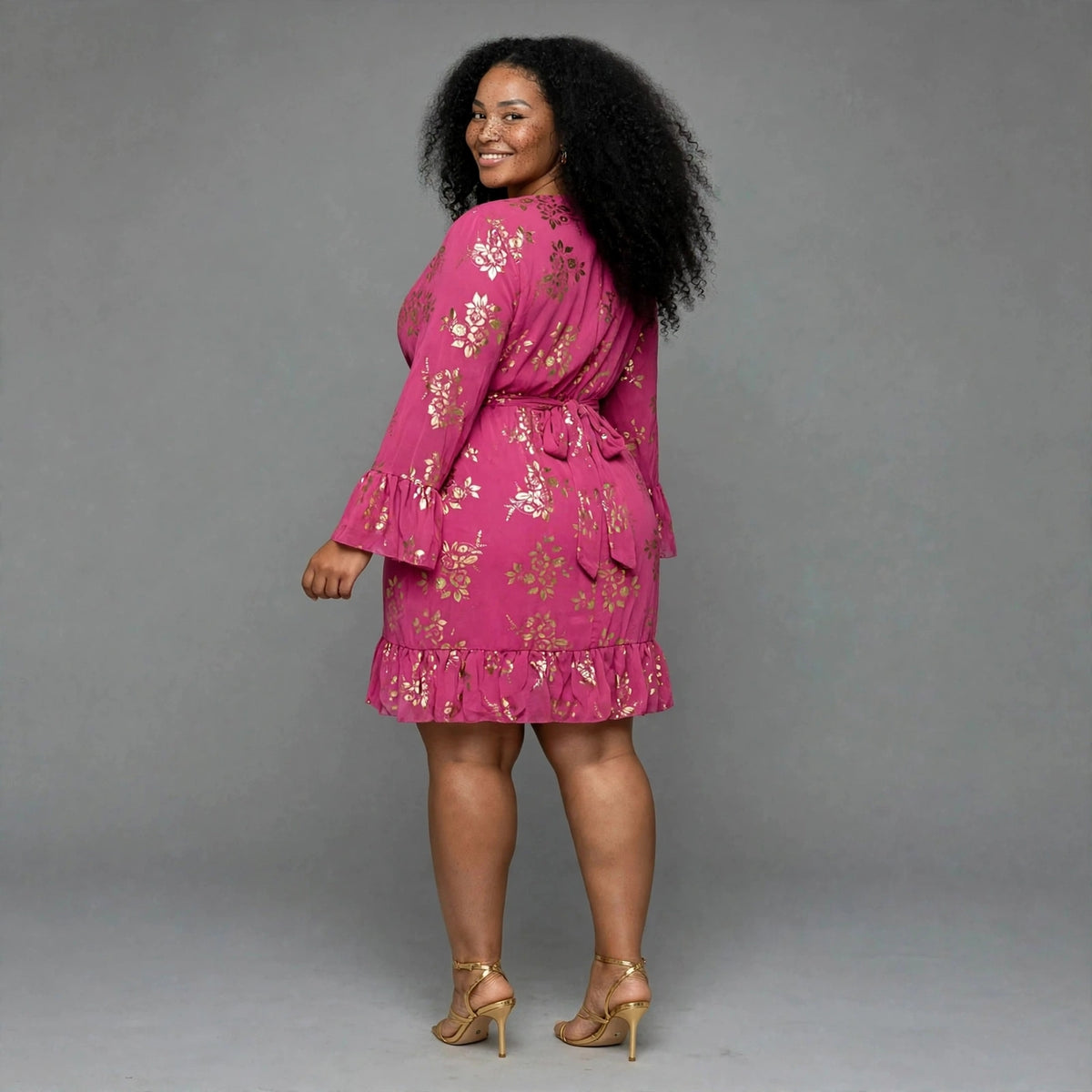 Plus size fuchsia pink floral/dark pink wrap dress with gold foil print and long ruffle bell sleeves - birthday party dress South Africa - Smollz
