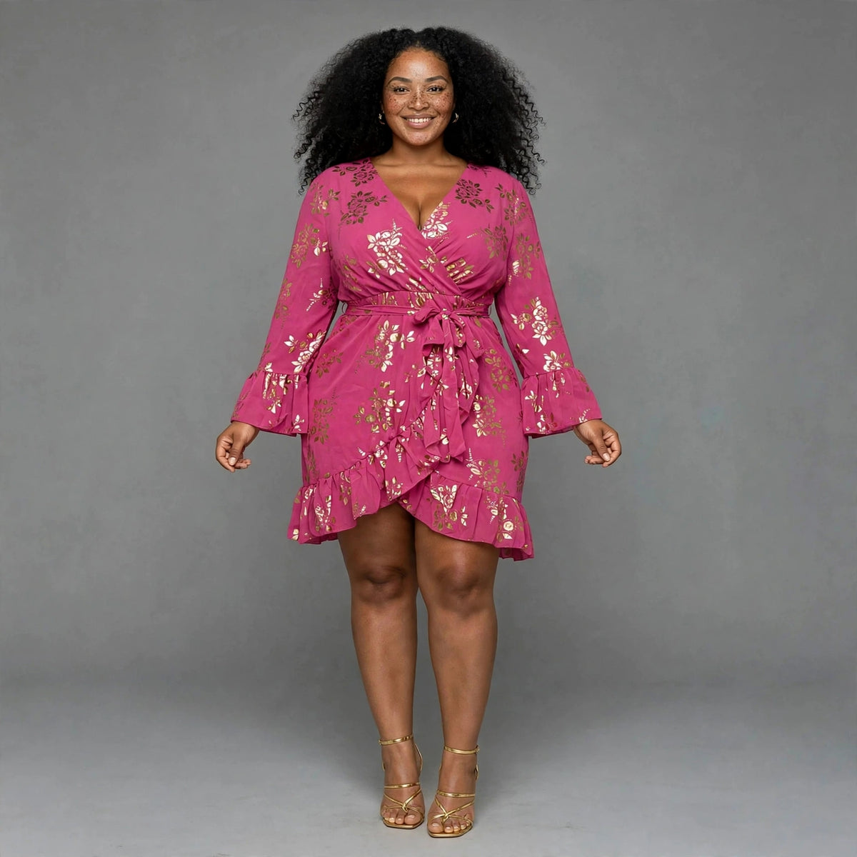 Powder Blue Floral Wrap Dress With Gold Foil - Long Sleeve Ruffle Mini Dress