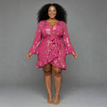 Plus size fuchsia pink/dark pink floral wrap dress with gold foil print and long ruffle bell sleeves - birthday party dress South Africa - Smollz