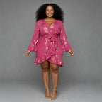 Plus size fuchsia pink/dark pink floral wrap dress with gold foil print and long ruffle bell sleeves - birthday party dress South Africa - Smollz