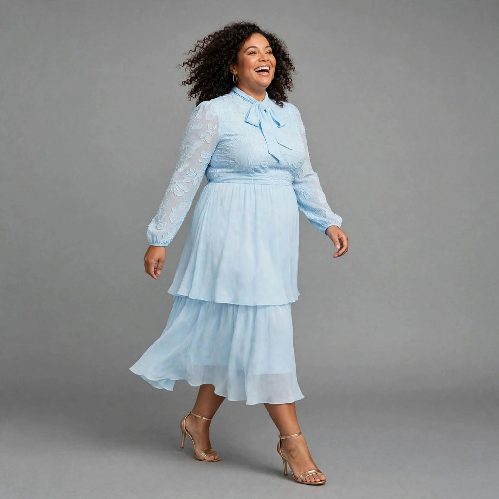 Plus size light blue bow tie chiffon tiered midi dress with long sheer sleeves - church work wedding guest dress SA - Smollz