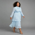 Plus size light blue bow tie chiffon tiered midi dress with long sheer sleeves - church work wedding guest dress SA - Smollz