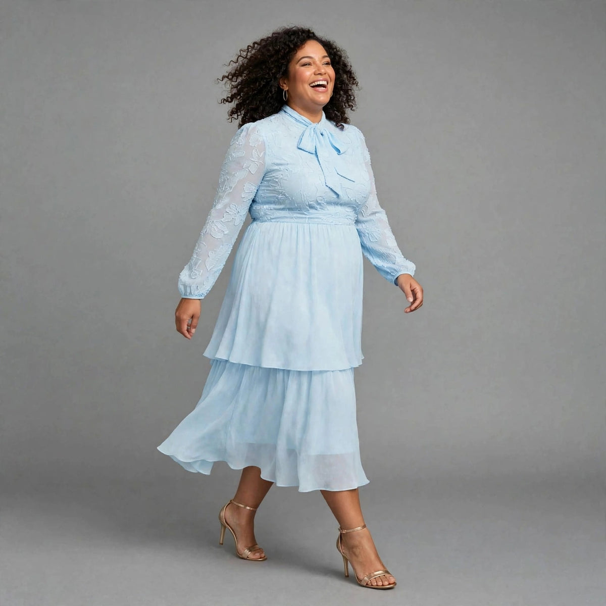 Plus size light blue bow tie chiffon tiered midi dress with long sheer sleeves - church work wedding guest dress SA - Smollz