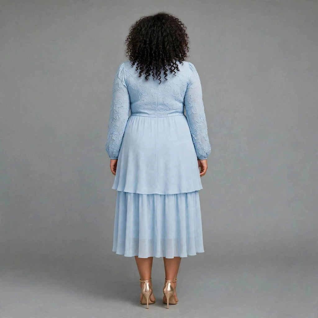 Plus size light blue bow tie chiffon tiered midi dress with long sheer sleeves - church work wedding guest dress SA - Smollz