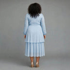 Plus size light blue bow tie chiffon tiered midi dress with long sheer sleeves - church work wedding guest dress SA - Smollz