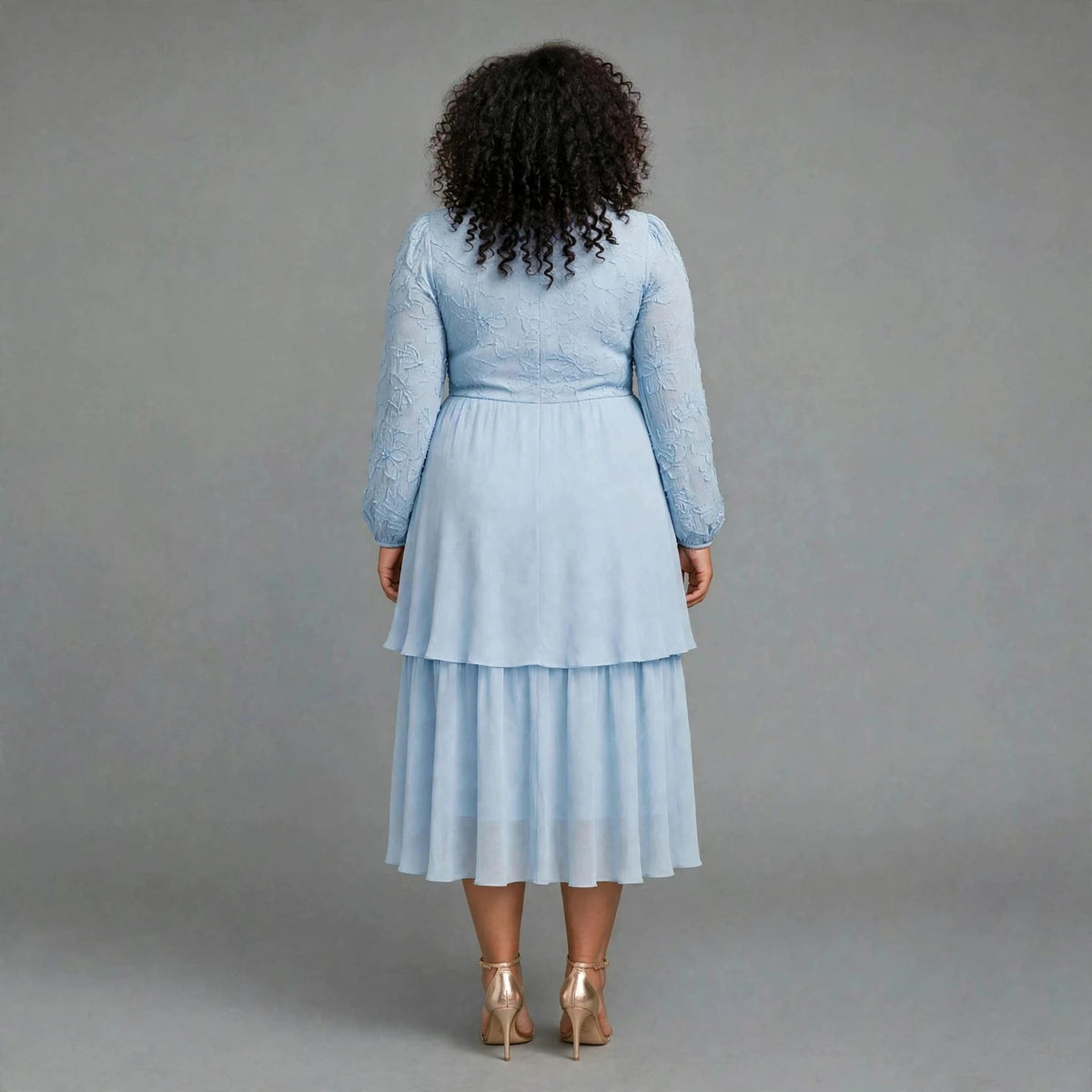 Plus size light blue bow tie chiffon tiered midi dress with long sheer sleeves - church work wedding guest dress SA - Smollz