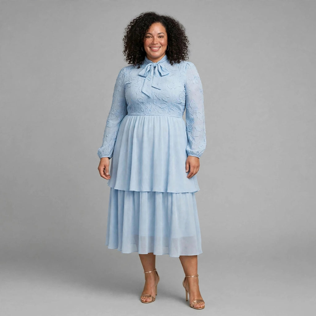 Caramel Brown Bow Tie Chiffon Midi Dress - Long Sleeve Tiered Dress