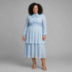 Caramel Brown Bow Tie Chiffon Midi Dress - Long Sleeve Tiered Dress