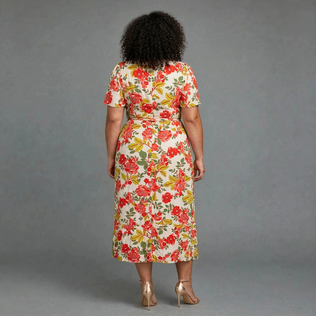 Plus size red floral wrap midi dress cream with flutter sleeves - everyday brunch dress SA - Smollz