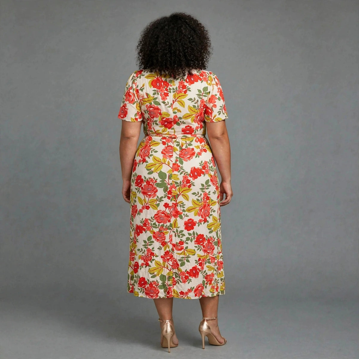Plus size red floral wrap midi dress cream with flutter sleeves - everyday brunch dress SA - Smollz