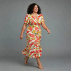 Plus size red floral wrap midi dress cream with flutter sleeves - everyday brunch dress SA - Smollz