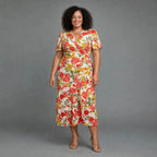 Plus size red floral wrap midi dress cream with flutter sleeves - everyday brunch dress SA - Smollz