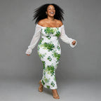 Plus size white green floral off shoulder bodycon maxi dress with sheer sleeves - wedding guest dress SA - Smollz