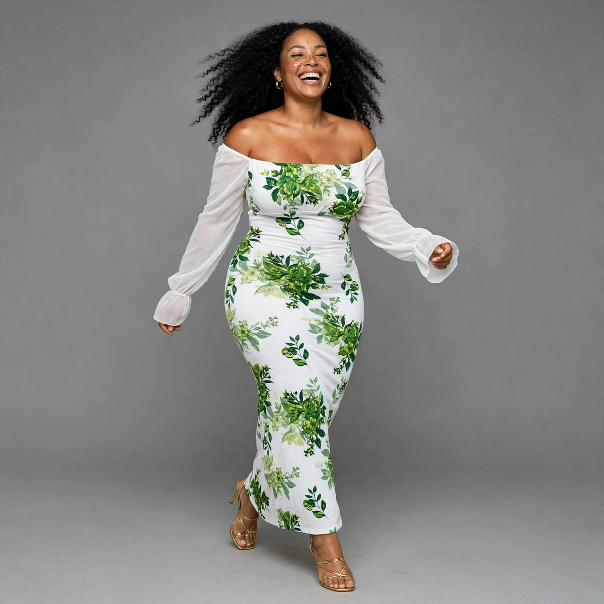 Plus size white green floral off shoulder bodycon maxi dress with sheer sleeves - wedding guest dress SA - Smollz